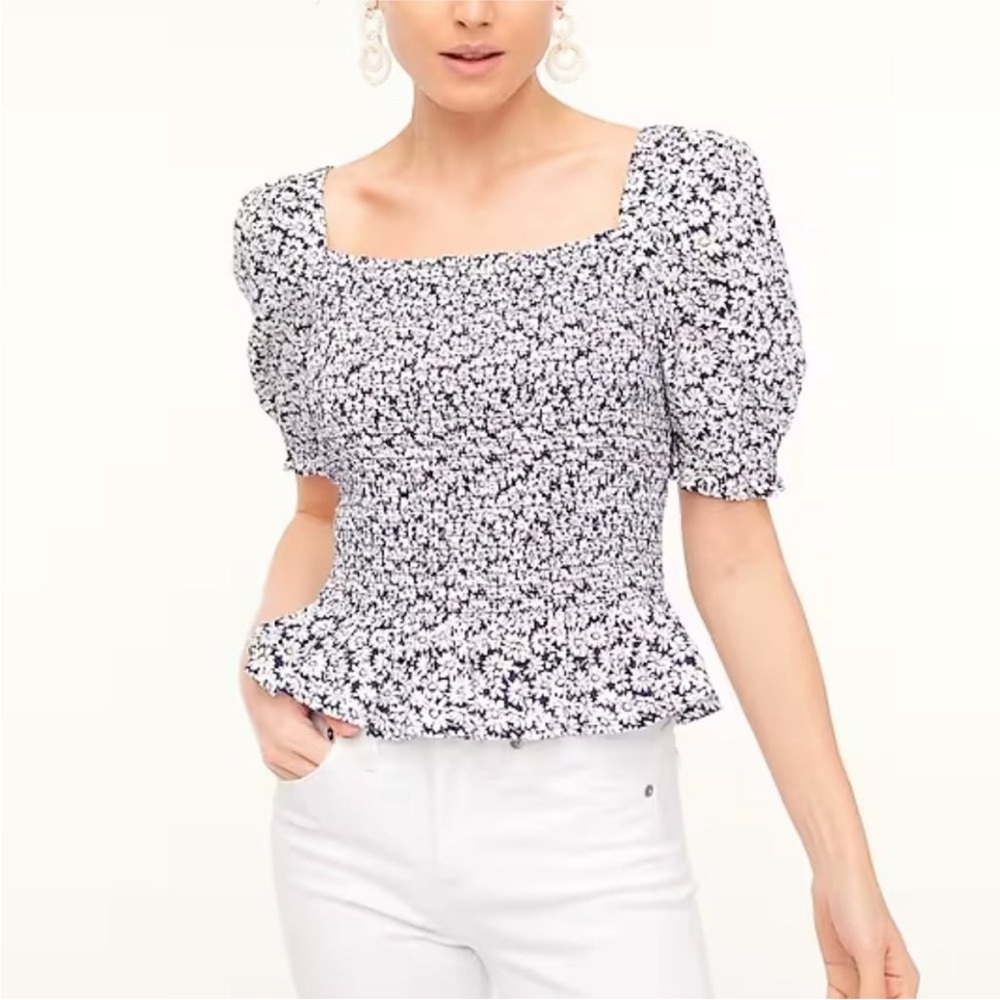 JCrew Daisy Smocked Puff-Sleeved Peplum Top Size Medium